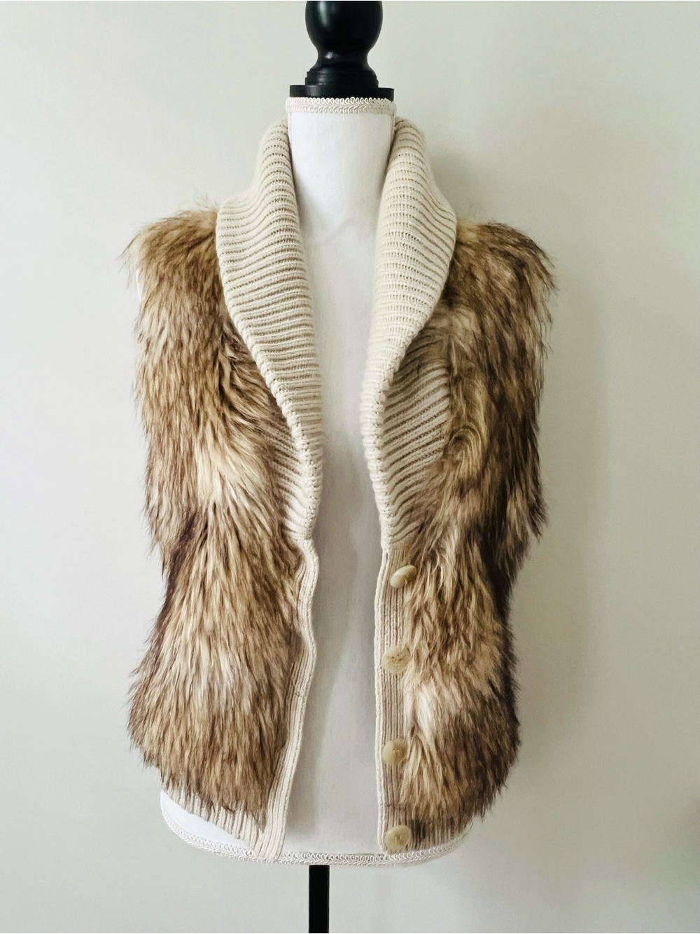 Ann Taylor Merino Wool Cashmere Blend Beige Tan Faux Fur Vest Jacket Shawl SZ M